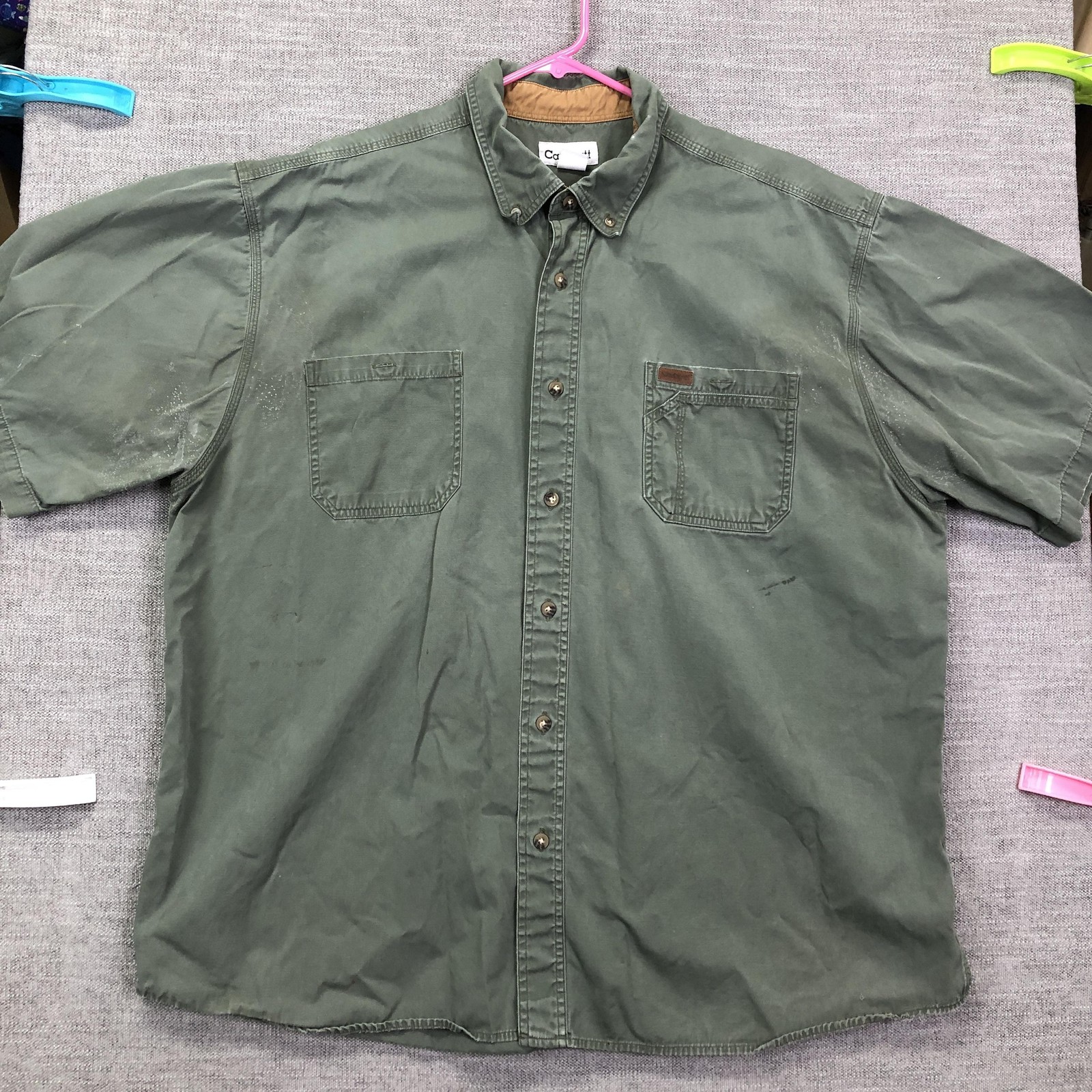 Carhartt Shirt Mens 2XL Green Solid Short Sleeve Button Front Casual Workwear