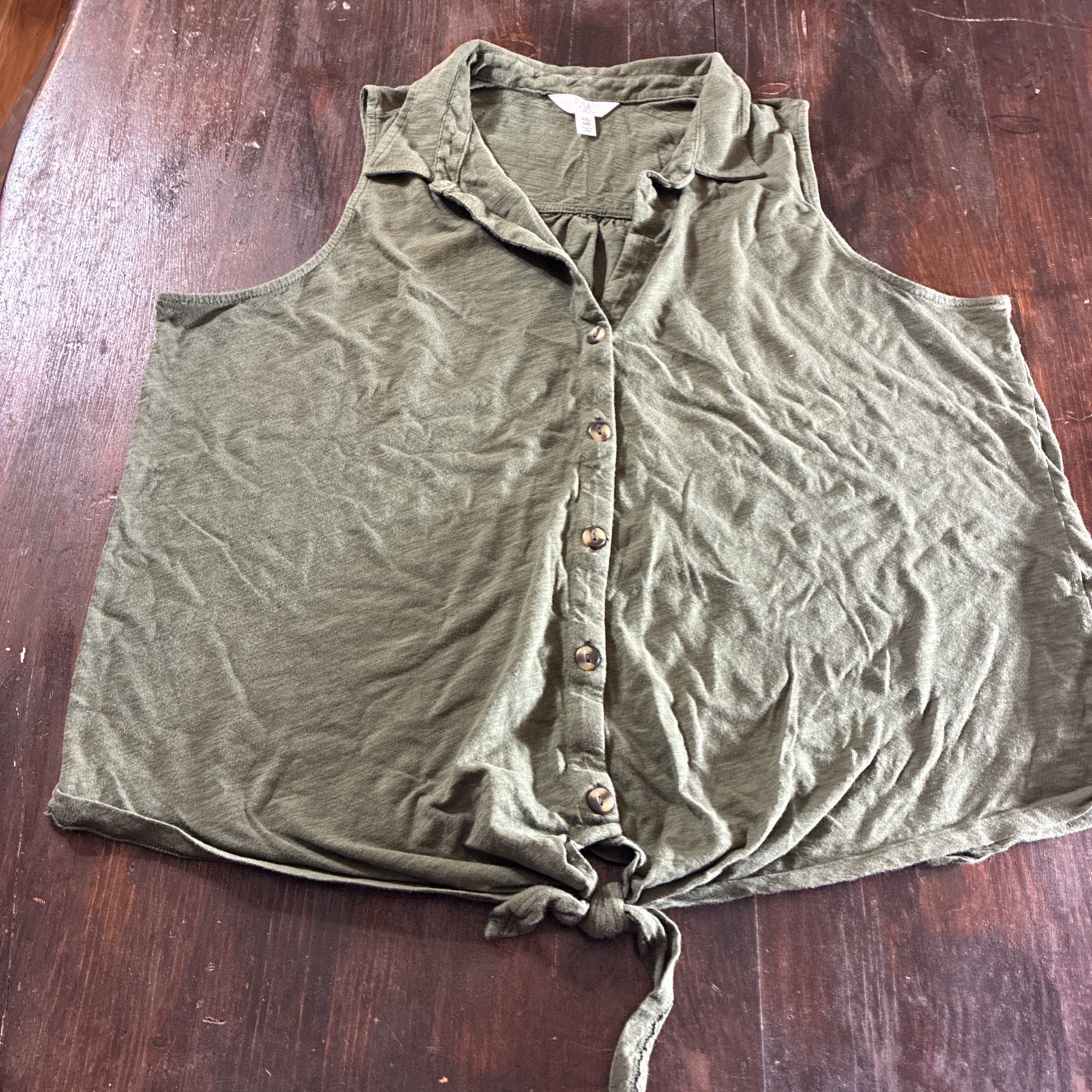 Time And Tru Shirt Womens XXL Green Button Up Tie Front Sleeveless Casual Art