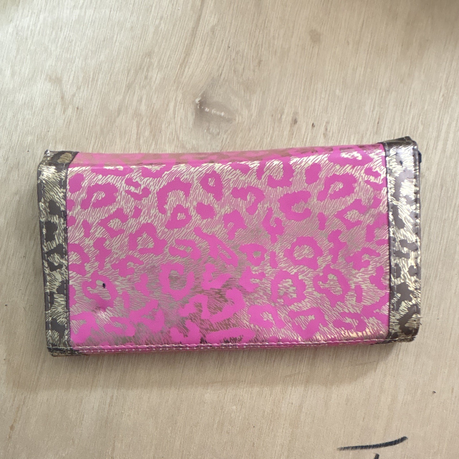 Pink & Gold Leopard Print Envelope Wallet Flap Snap Closure Zip Coin Pocket