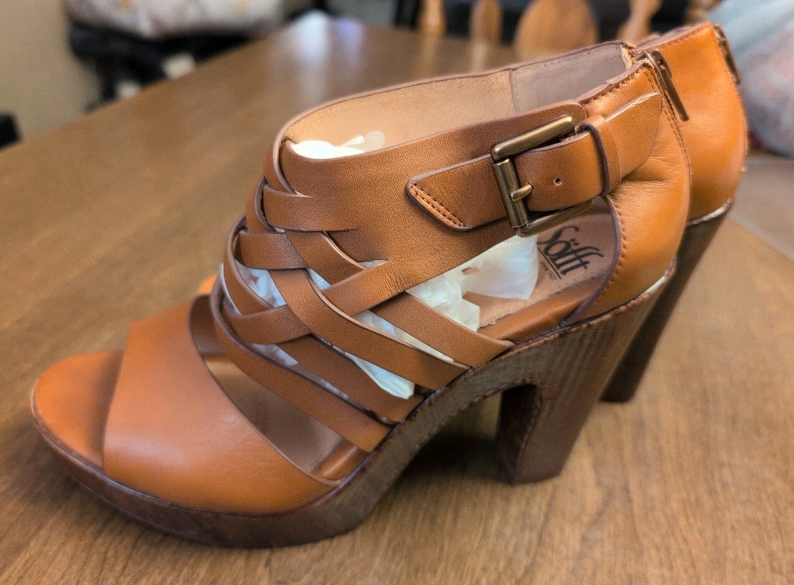 Sofft 9.5 Ohanna Brown Tan Vowen Leather Heel Sandal Weave Boho Platform Retro
