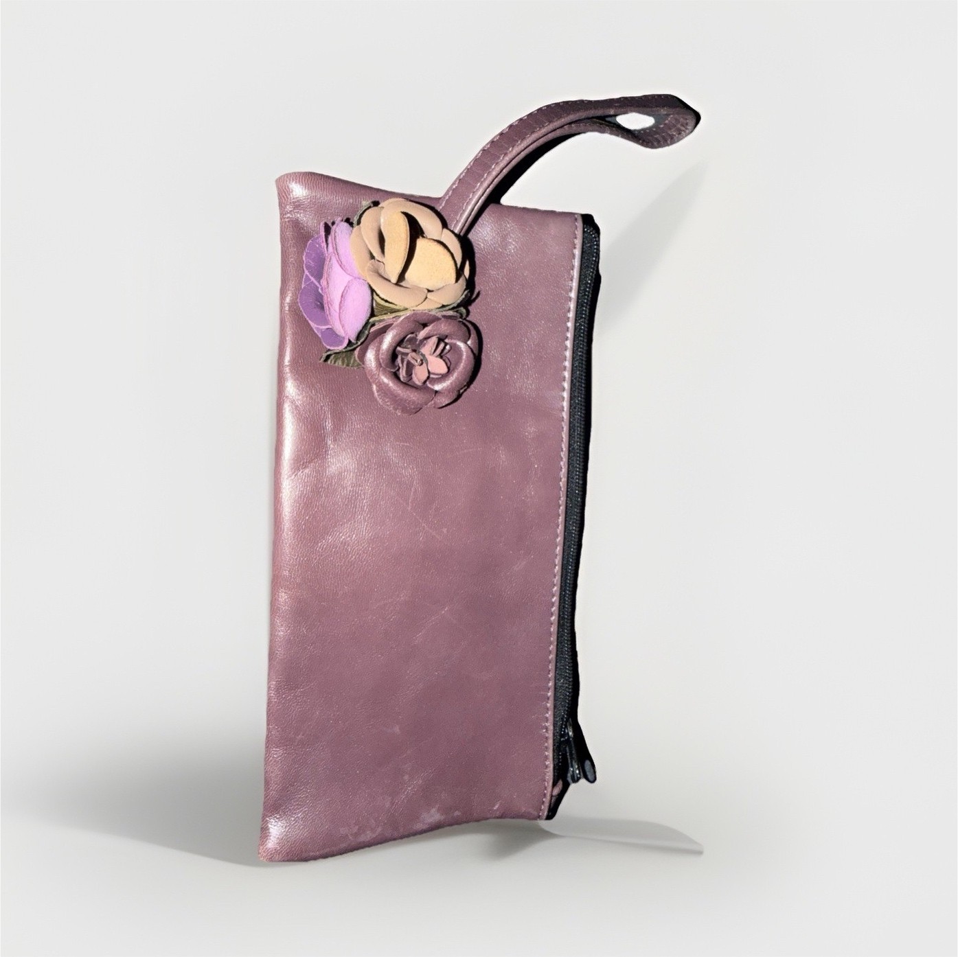 Violette Nozieres Purple Wristlet Zip Wrist Strap Floral Accent Credit Card