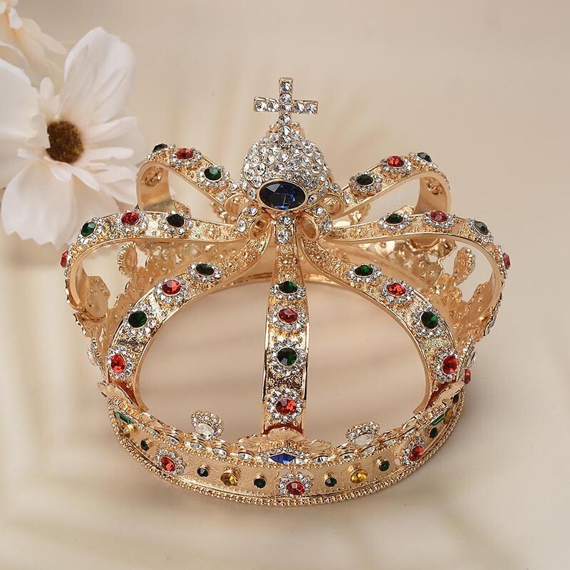 13cm Tall Large Men’s Cross Gold Crown Drama Imperial Medieval King Metal Crown
