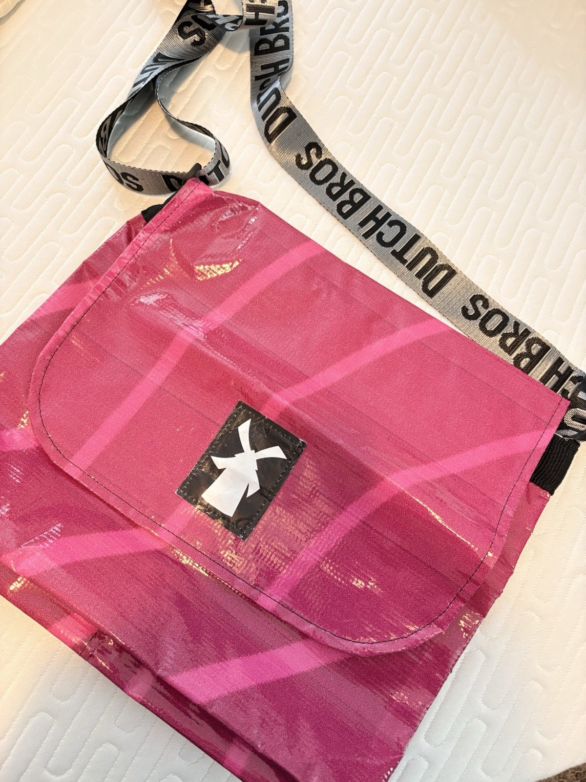 Pink Plaid Shoulder Bag Purse w/ Logo Accents, Inner Zip, Gray Strap
