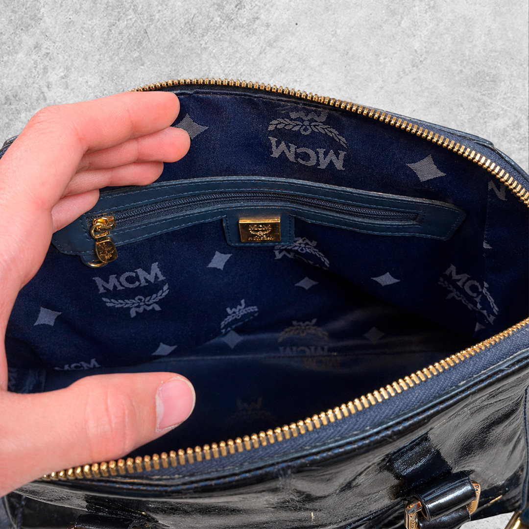MCM Bag Luxury Black Patent Monogram Satchel Boston Bag Gold Hardware Glossy