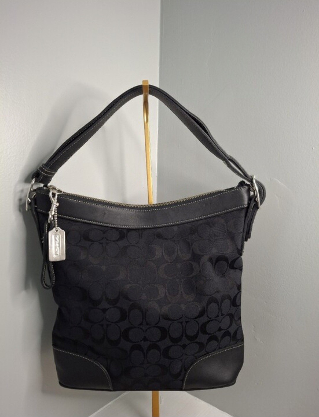 Coach Signature Black Jacquard Shoulder Bag Leather Trim Zip Top Hobo Purse