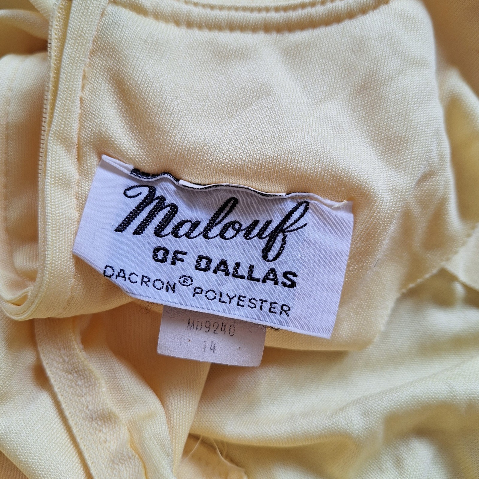 Malouf Vtg Butter Yellow Poly Empire Cap Sleeve Day Dress Maxi Floor Length 14
