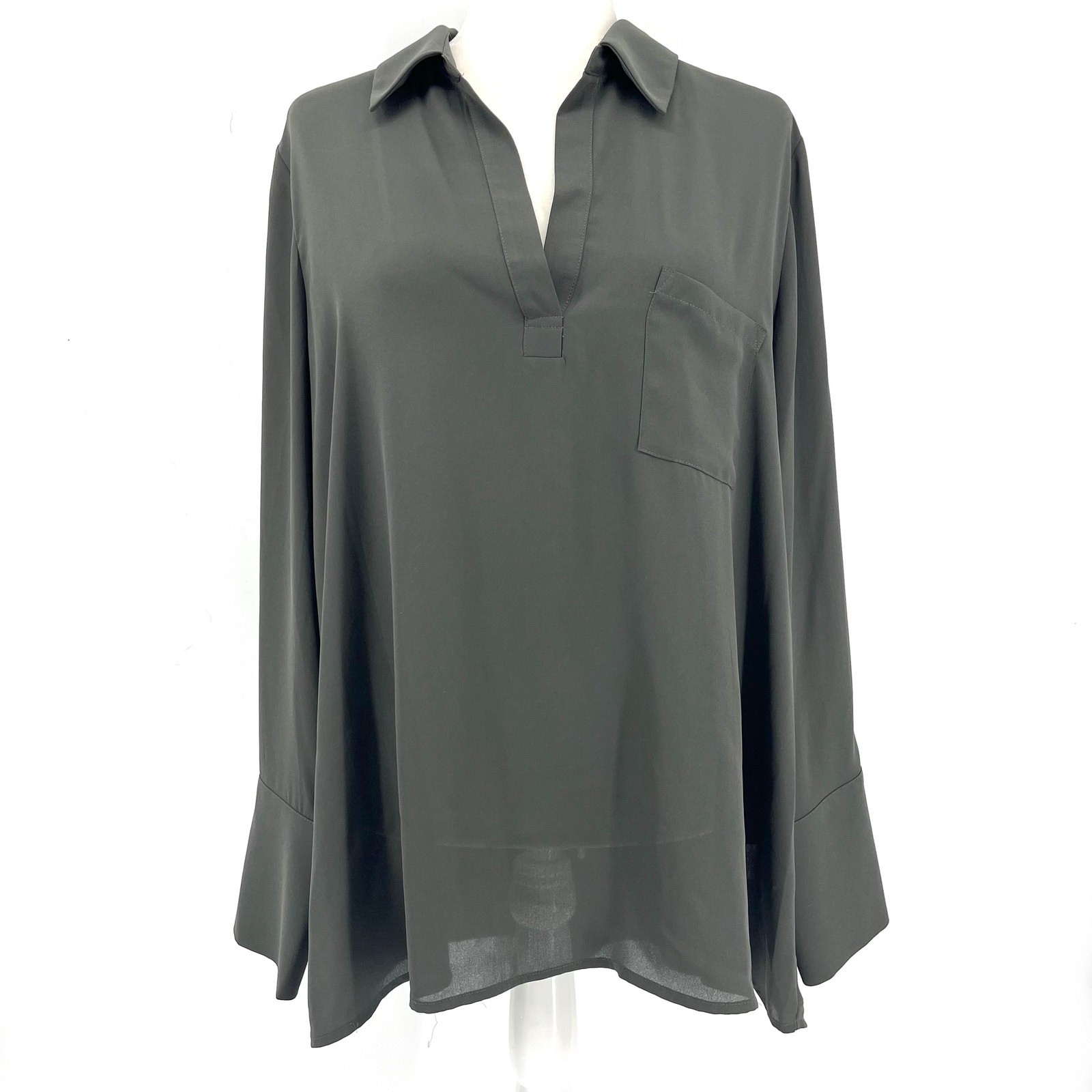 Pleione Gray/Green Chiffon Opaque Drapey Tunic Collared Blouse XL