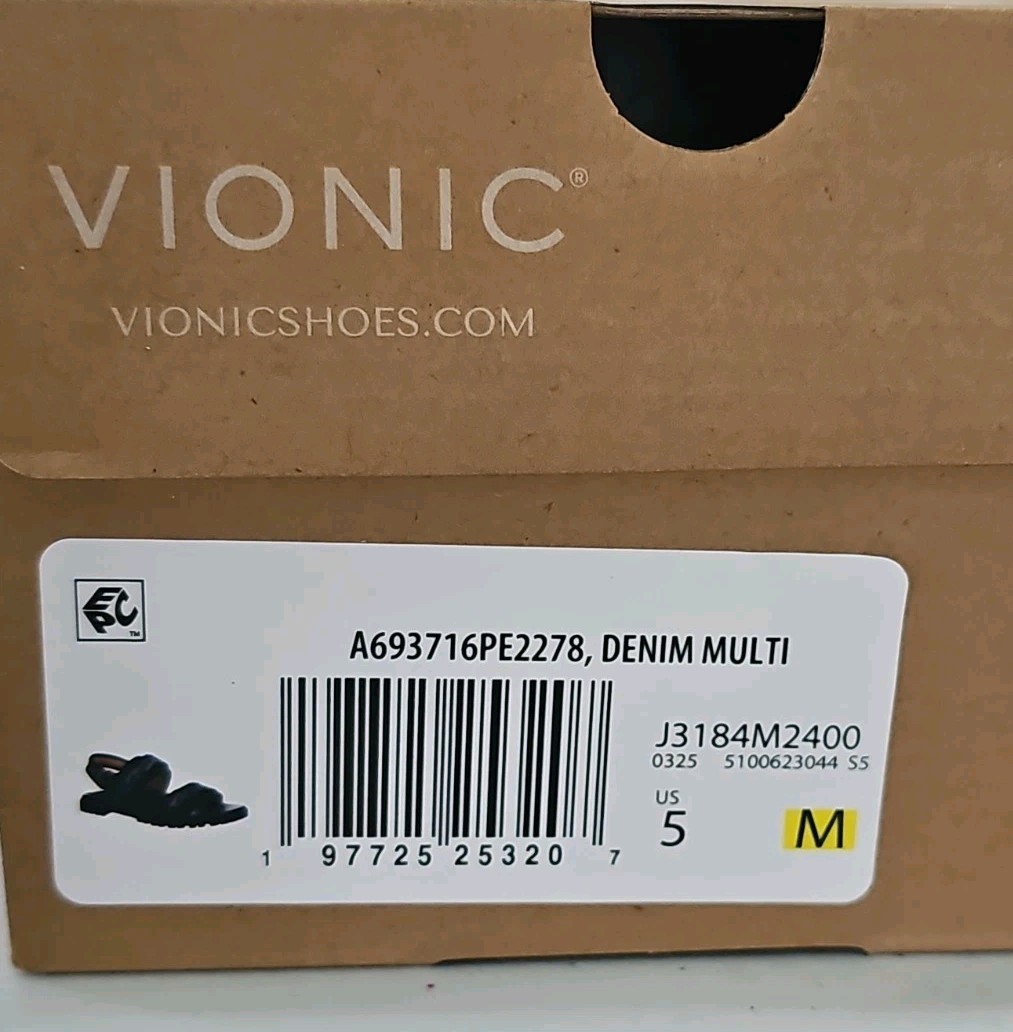 Vionic Cassidy Denim Size 5 Multi Leopard Print Strappy Sandals Blue Black NEW