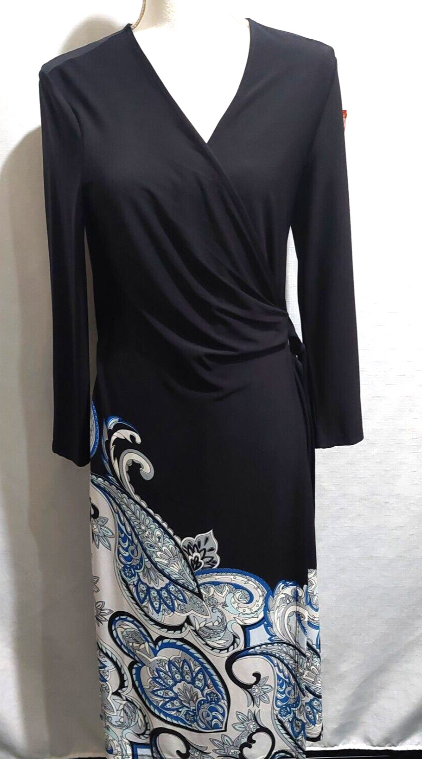 The Limited Collection Women’s Medium Faux Wrap Dress Midi Black Stretch V Neck