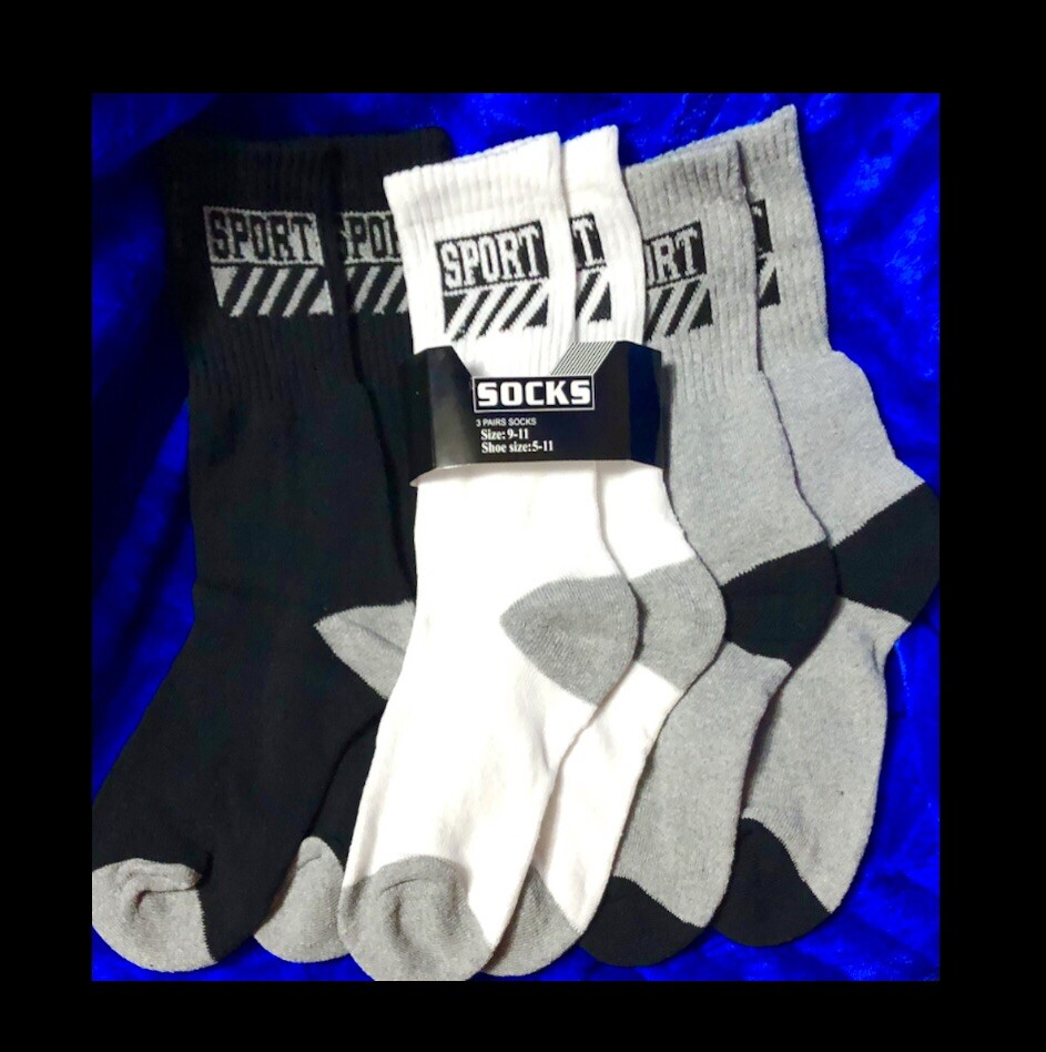 3pk sport winter crew socks 80% cotton,2mm-4mm Thickness,UNISEX,black,white,gray