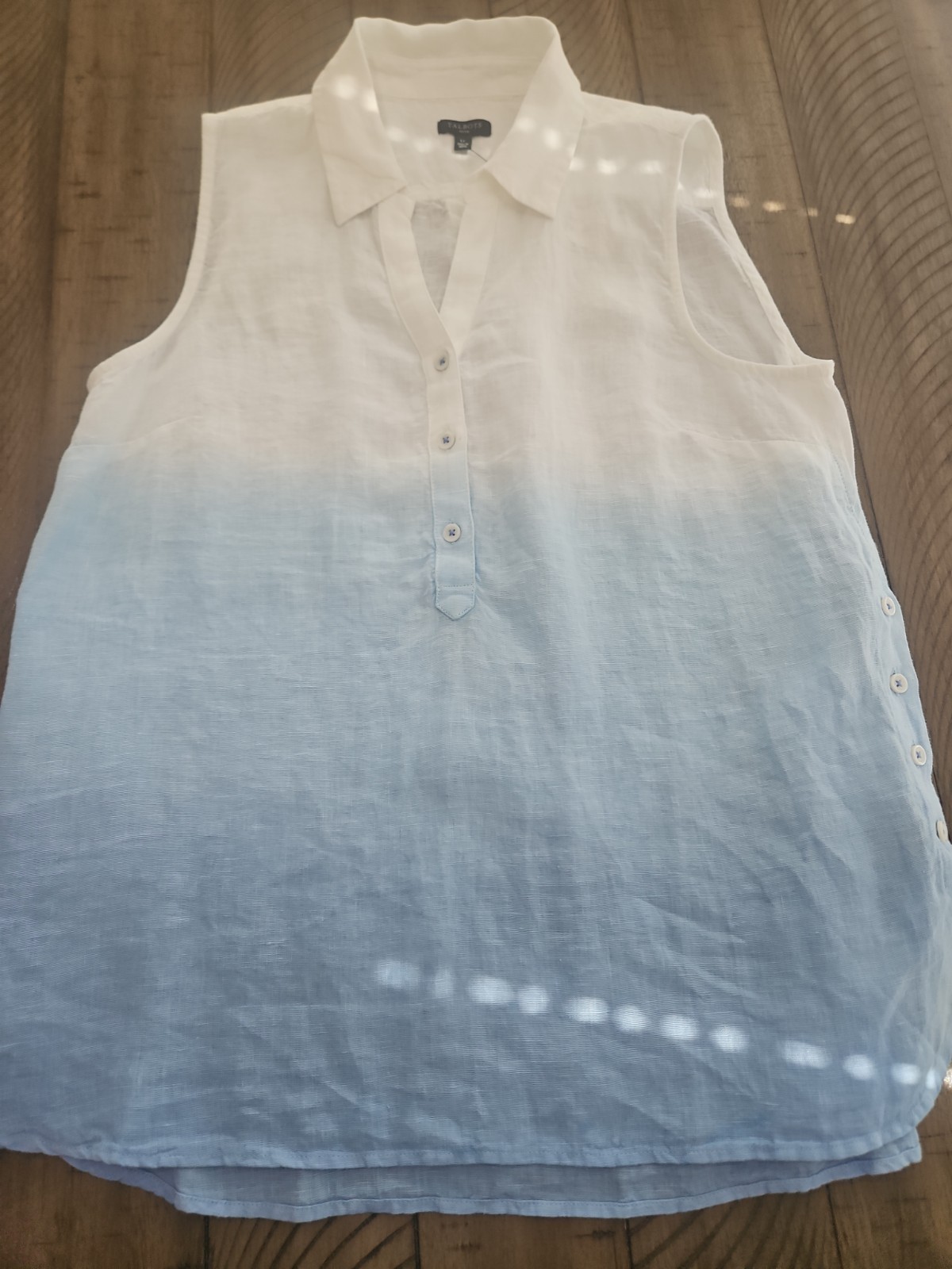 Talbots Popover Tunic Top LP Blue White Linen Side Button Dip Dye Coastal Beach