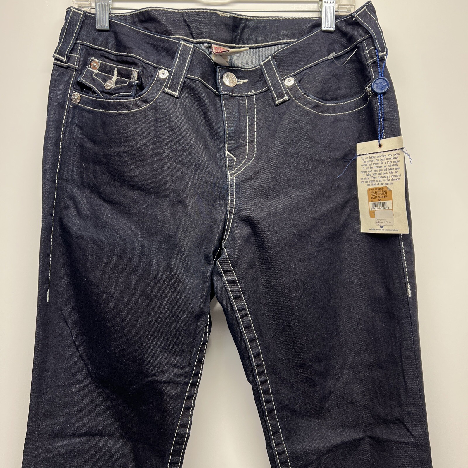 True Religion Women Bootcut Silver Chainball Rare Dark Blue Jeans size 14/32