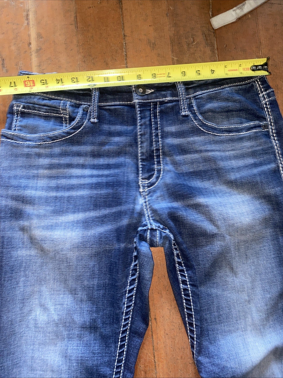 BKE Buckle Jake Mens 34×33 Thick Stitch Blue Denim Jeans Whiskers Stretch