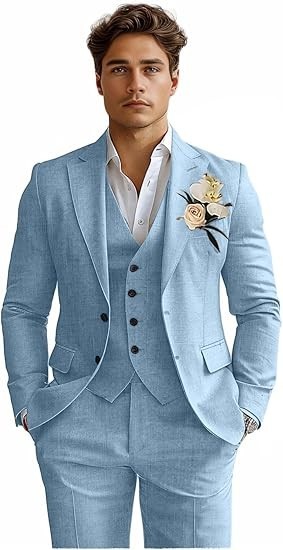 Linen Mens Suits 3 Piece Slim Fit Tuxedo Suit for Men Beach Wedding Formal Coat