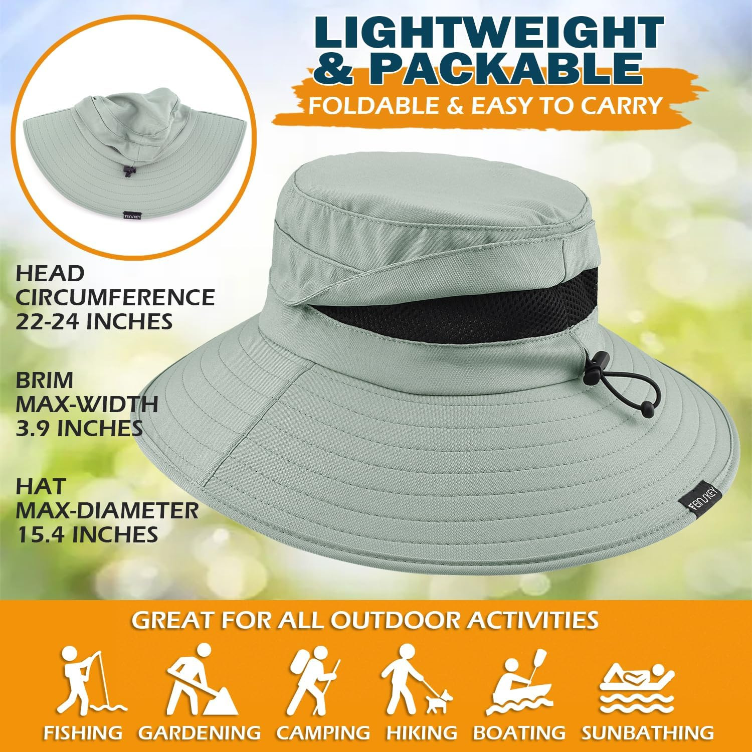 Waterproof Sun Hat for Men Women, UPF 50+ UV Protection Wide Brim Packable Hat f