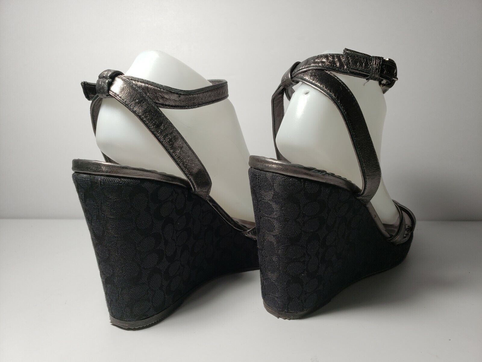Coach Women’s Pewter/Black CC Monogram Ankle Strap Platform Wedge – Size 10B