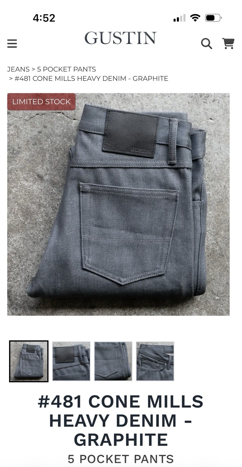 Gustin 481 Cone Mills Heavy Denim – Graphite5 Pocket Pants