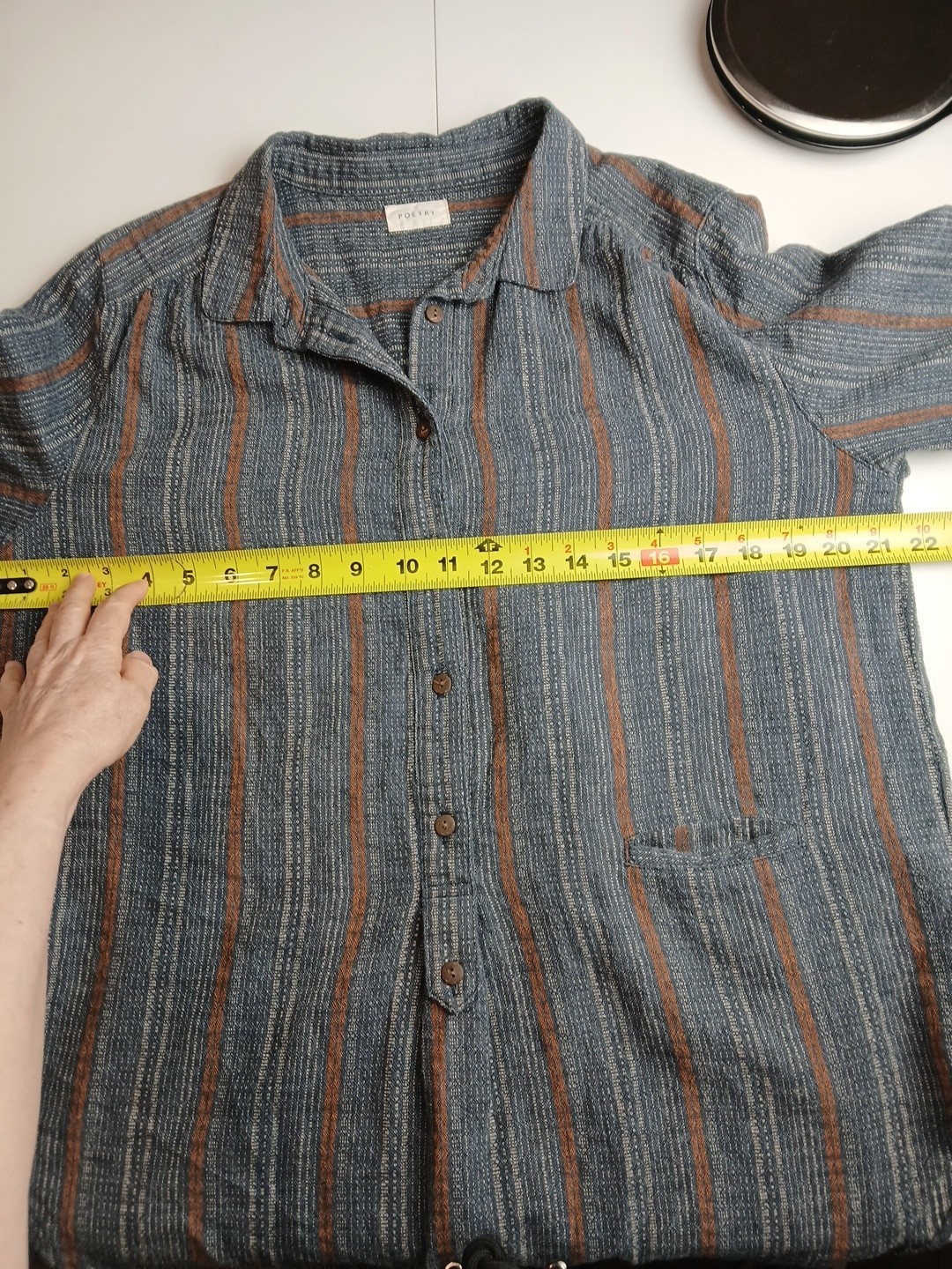 POETRY Shirt Size 8 Womens Hemp Organic Cotton Blend Blue Striped Button Down