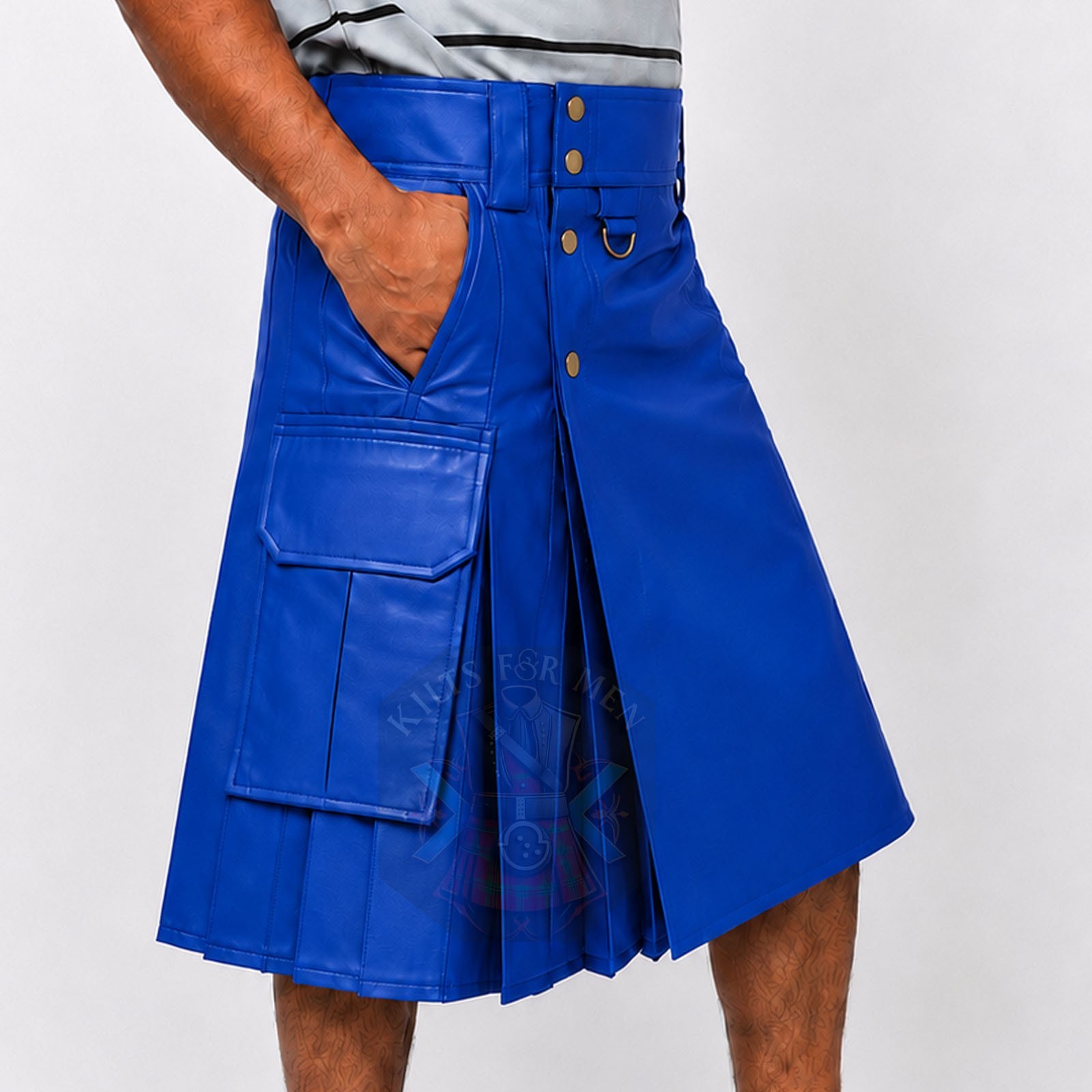 Royal Blue Leather Kilt for Men – Handmade Genuine Cow Leather Utility Cargo