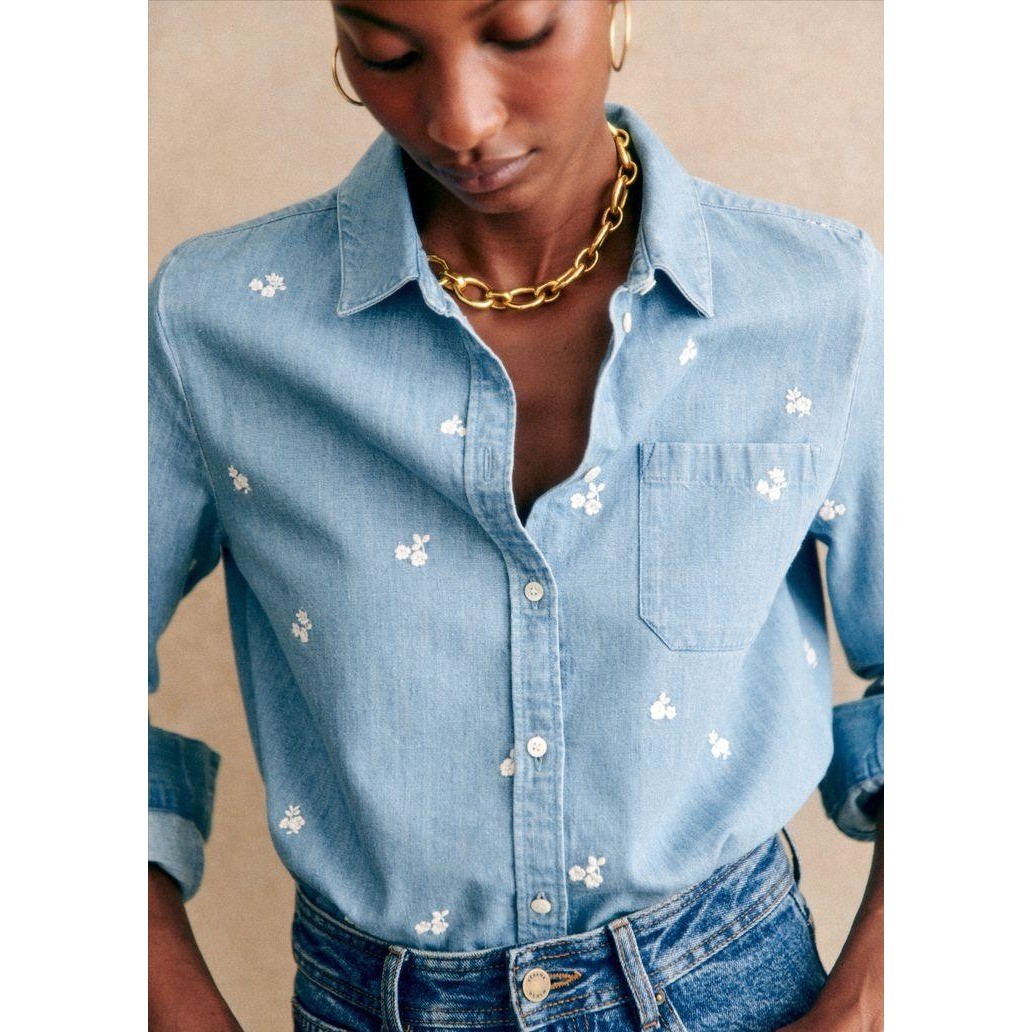 Sezane Tomboy Shirt Embroidered Blue Denim Chambray Long Sleeve Women EU 36 US 4