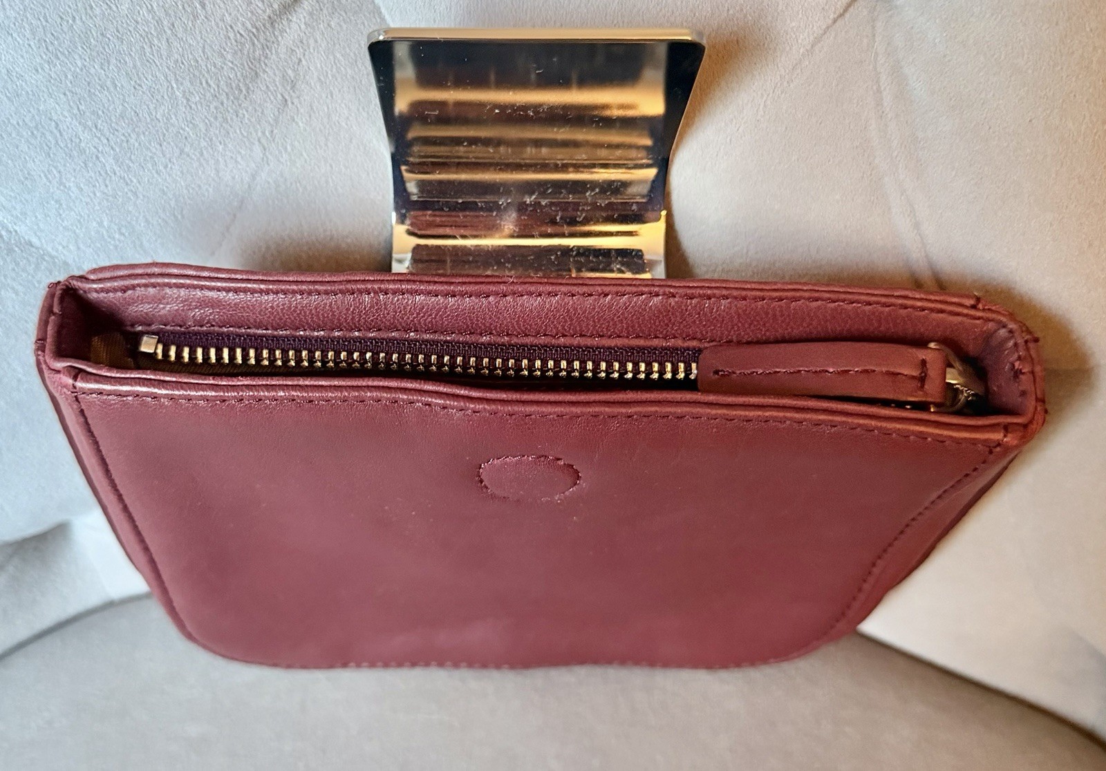 Vintage DKNY Burgundy Leather Clutch Bag with Metal Clasp & Dust Bag EUC
