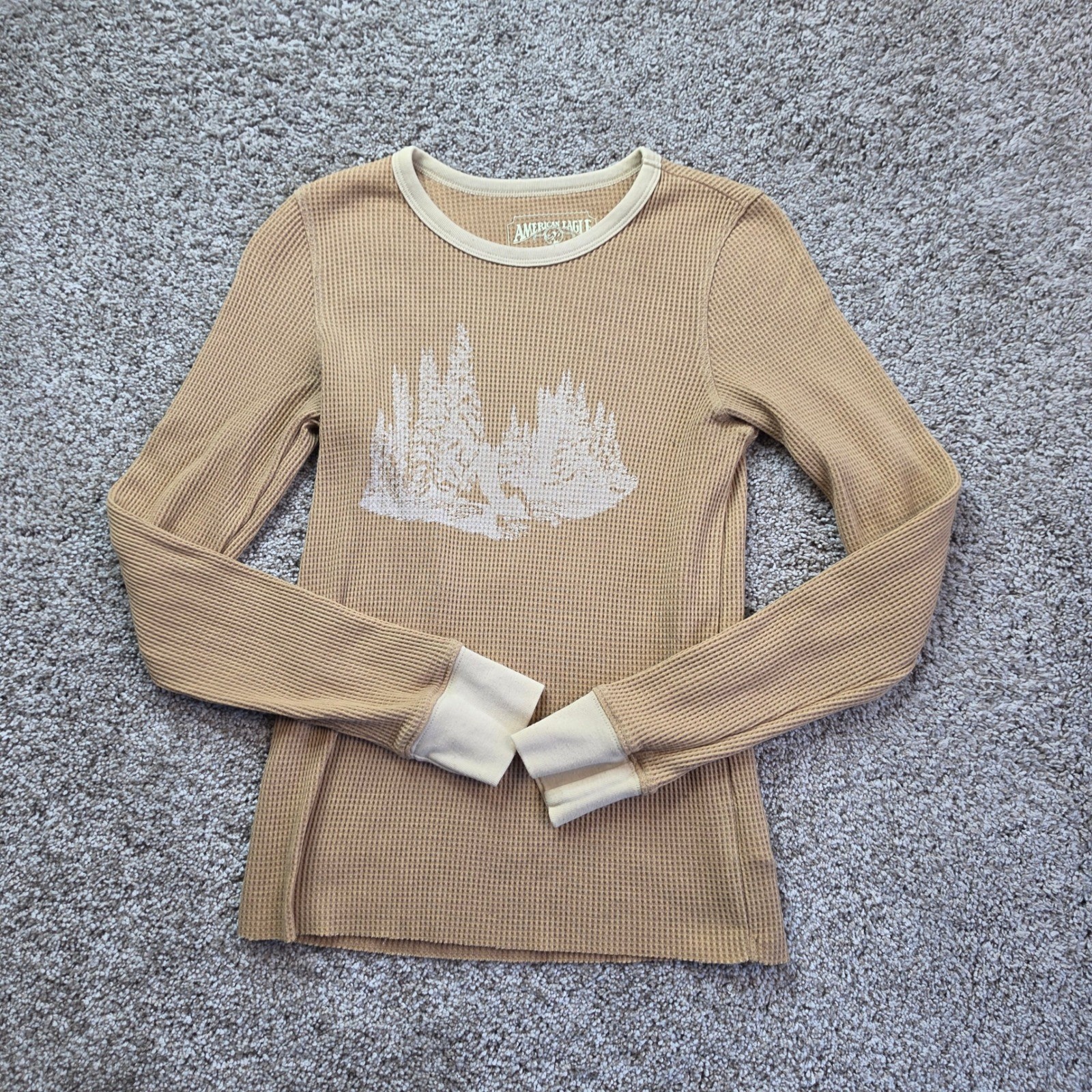 VINTAGE American Eagle Waffle Knit Thermal Top Womens S Tan Forest Ringer Y2K