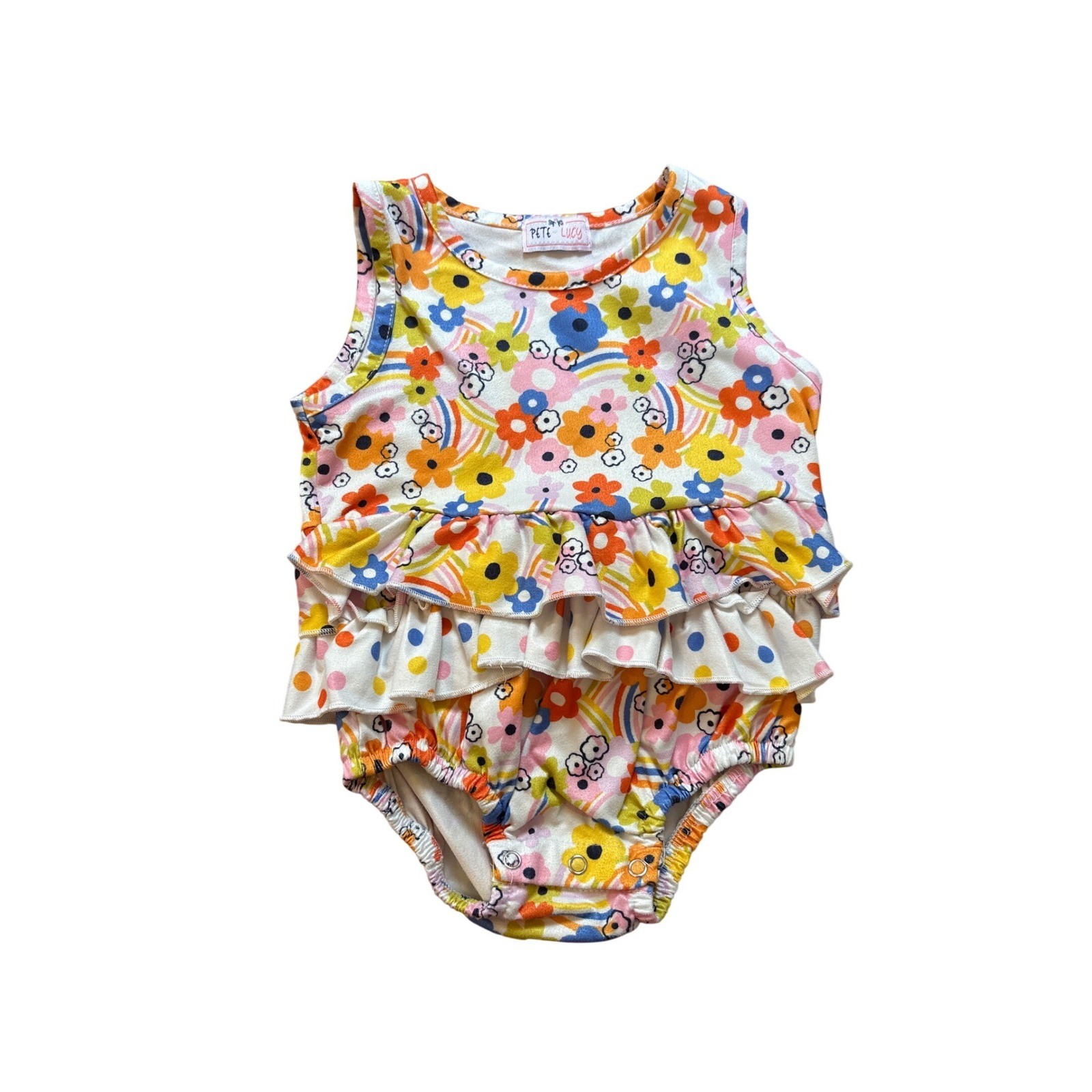 Pete + Lucy Romper Kids White Floral Rainbow Ruffle Retro SIZE 12-18M