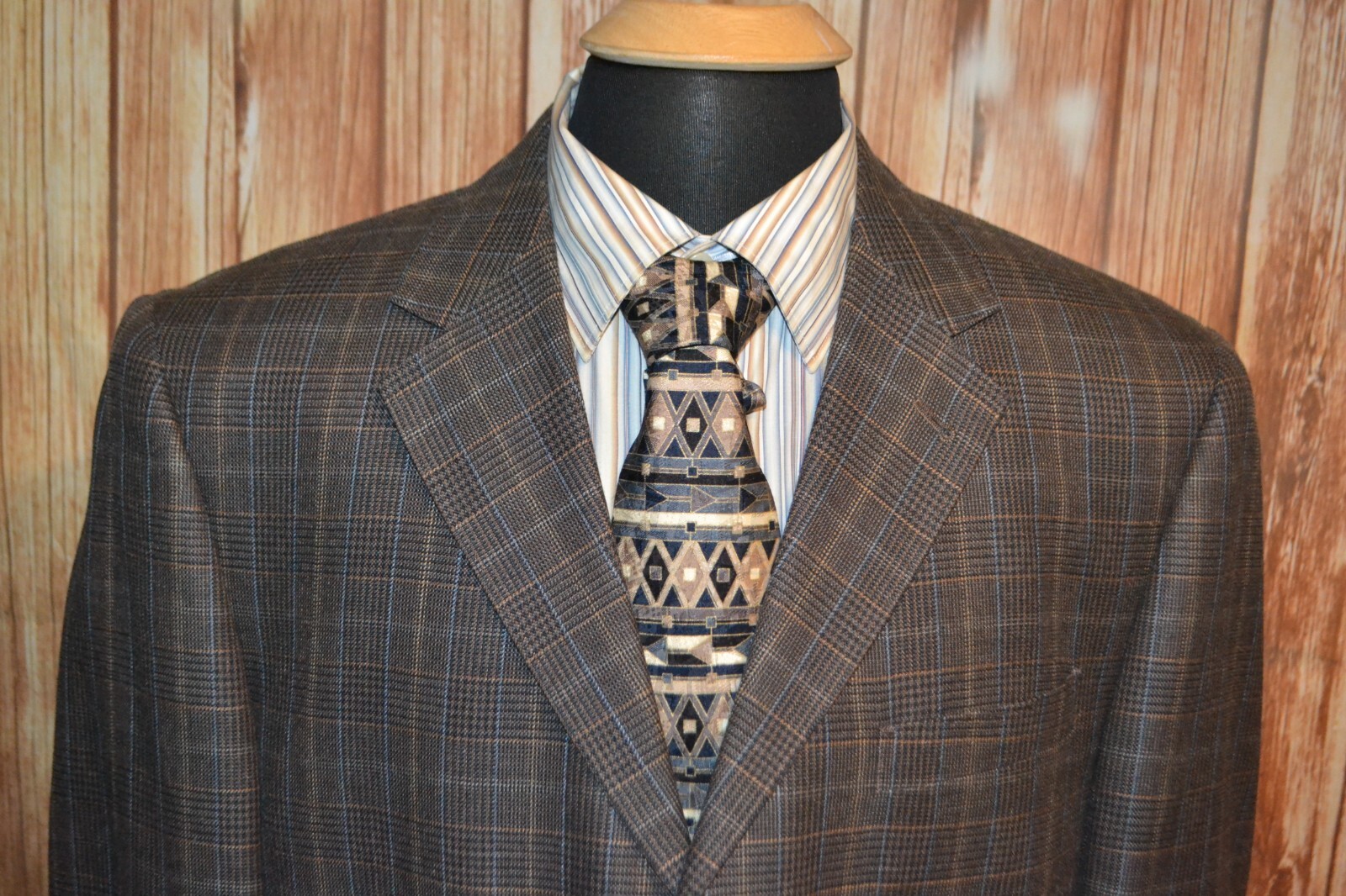 Kroon Men Wool Silk Check Brown 3 Front Button Sports Coat Sz 42R