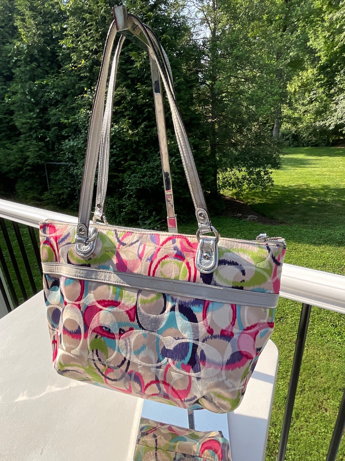COACH Poppy Ikat 19876 Signature C Glam Tote Shoulder Bag in Silver Multicolor