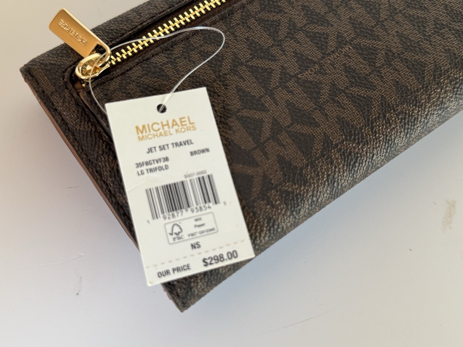 MICHAEL KORS JET SET TRAVEL LARGE TRIFOLD PVC LEATHER WALLET MK BROWN