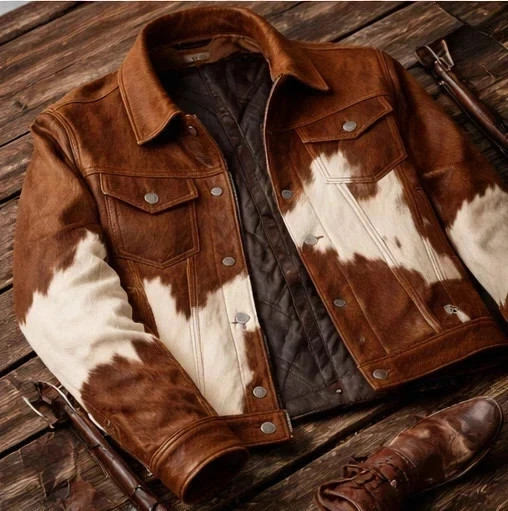 Men’s Cowhide Hair-On Jacket Pure Pony Skin Natural Brown and White Hide Jacket