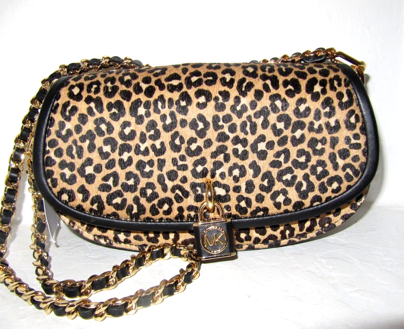Michael Kors Mila Leopard Haircalf Small E W Chain Sling Messenger Bag NWT $328