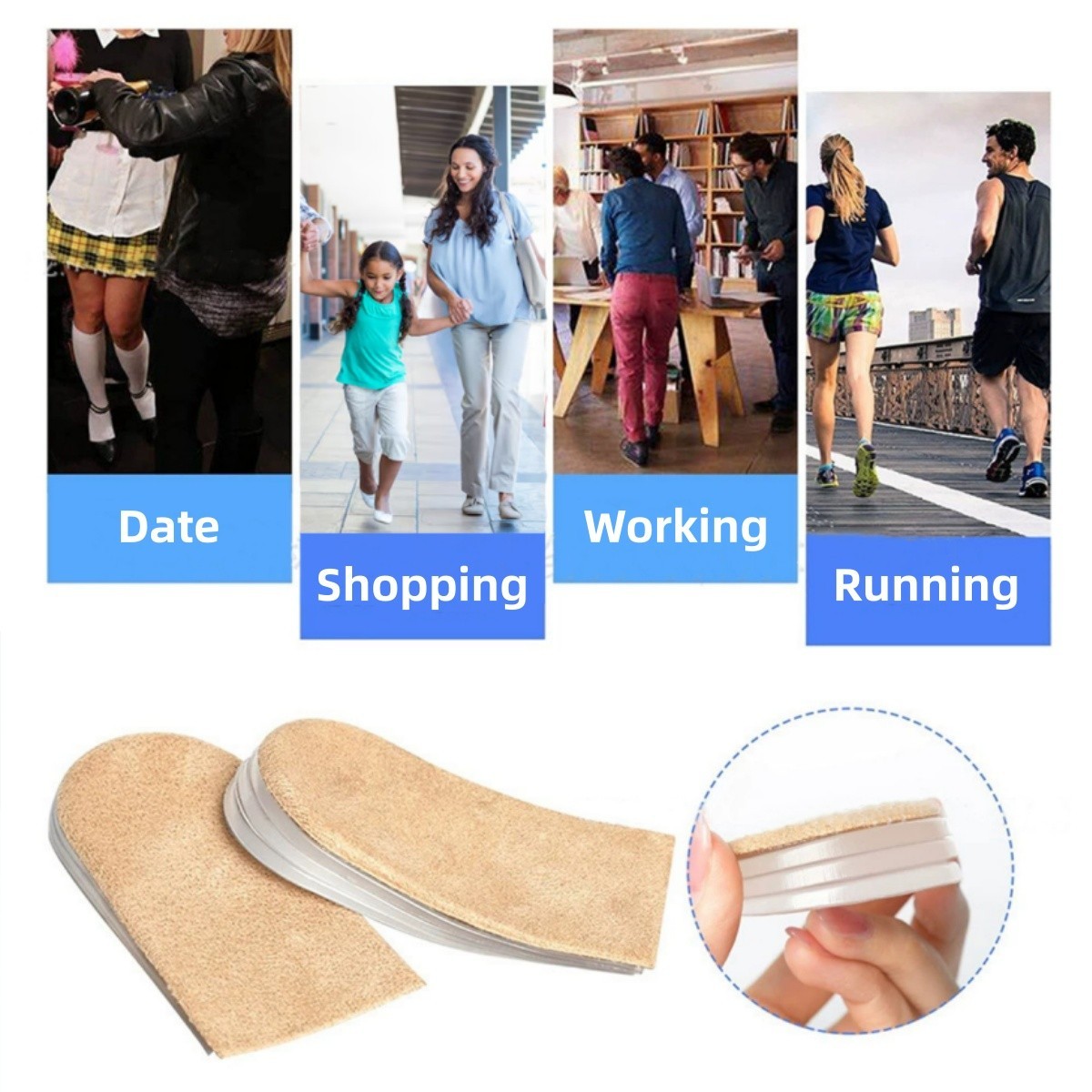 Universal Gel Height Increase Insoles Invisible Shoe Lifts Inserts Elastic Shock