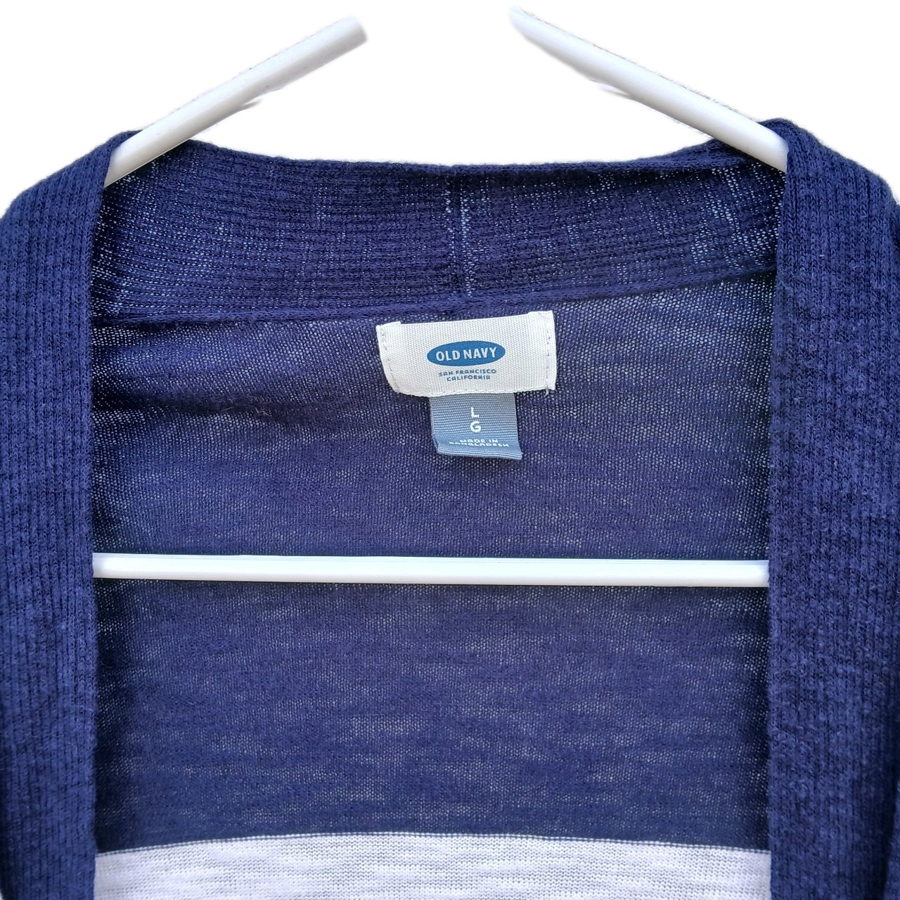 Old Navy Blue White Striped Knit Open Front Cardigan Sweater Pockets Size L