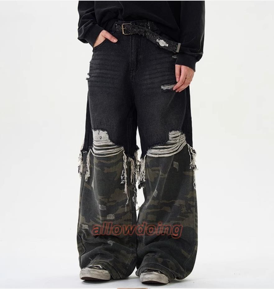 Men Black Camouflage Mixed Denim Jeans Straight Leg Casual Punk Hip Hop Trousers