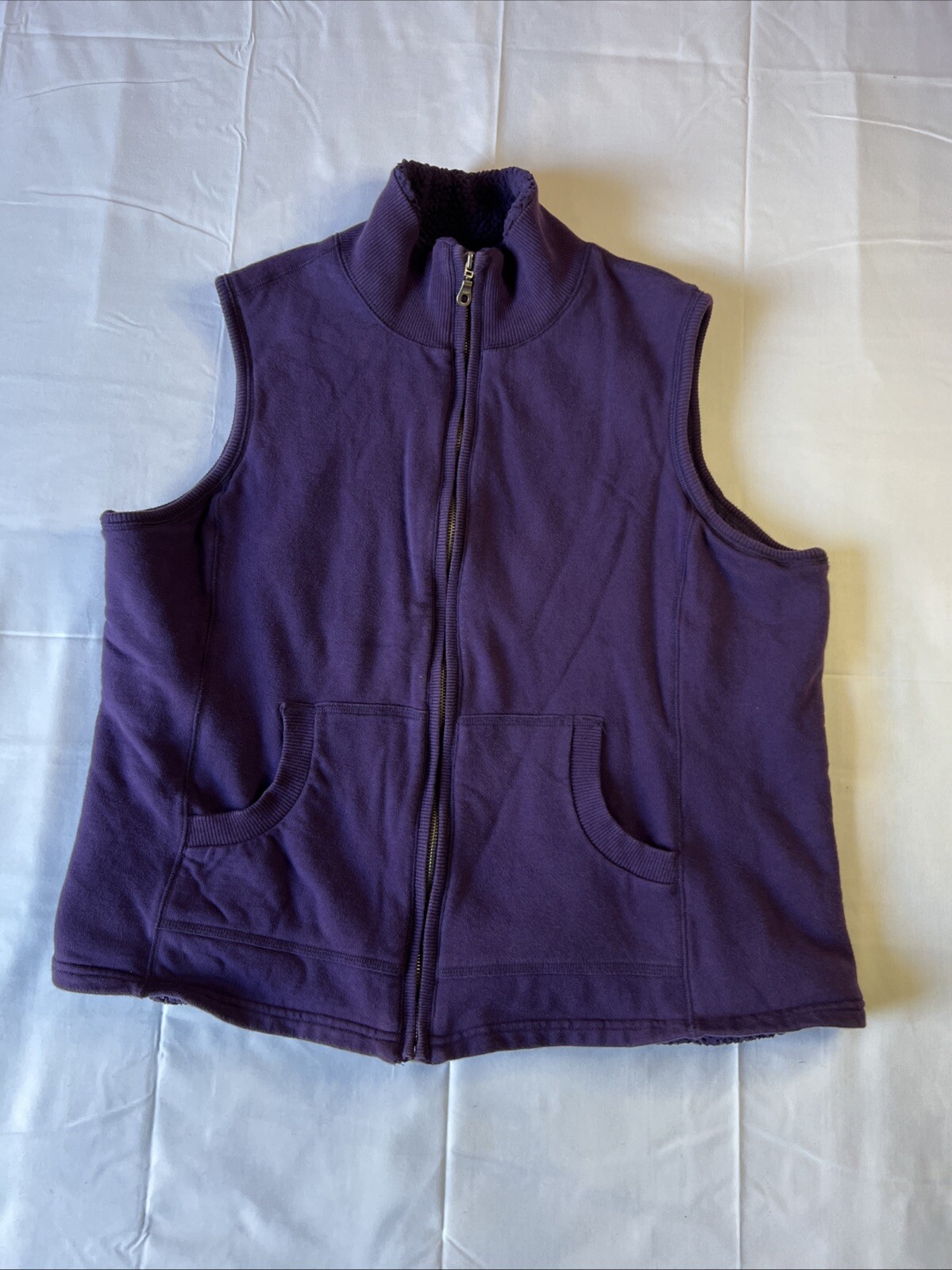 ykk sleeveless sweater vest purple full zip cotton front pockets