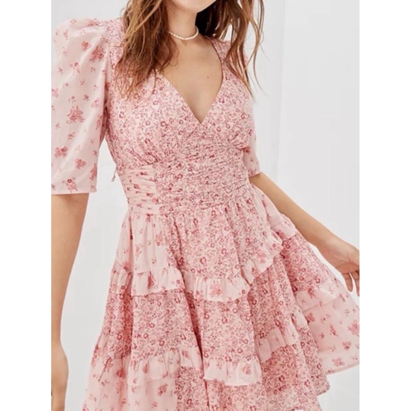 American Eagle Floral Mini Dress Women’s Medium Pink Boho Prairie 3/4 Sleeve