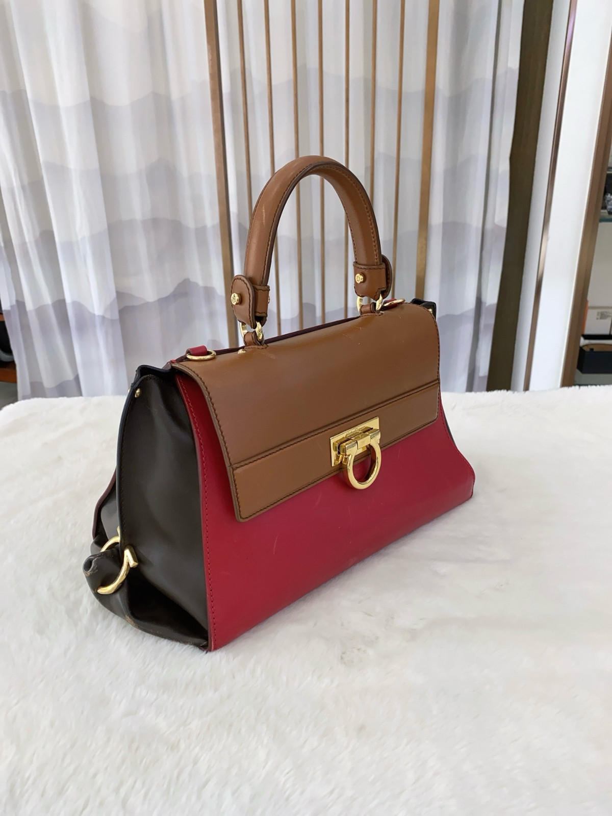 Authentic Salvatore Ferragamo Sofia Smooth Leather Top Handle Bag Brown, Red,