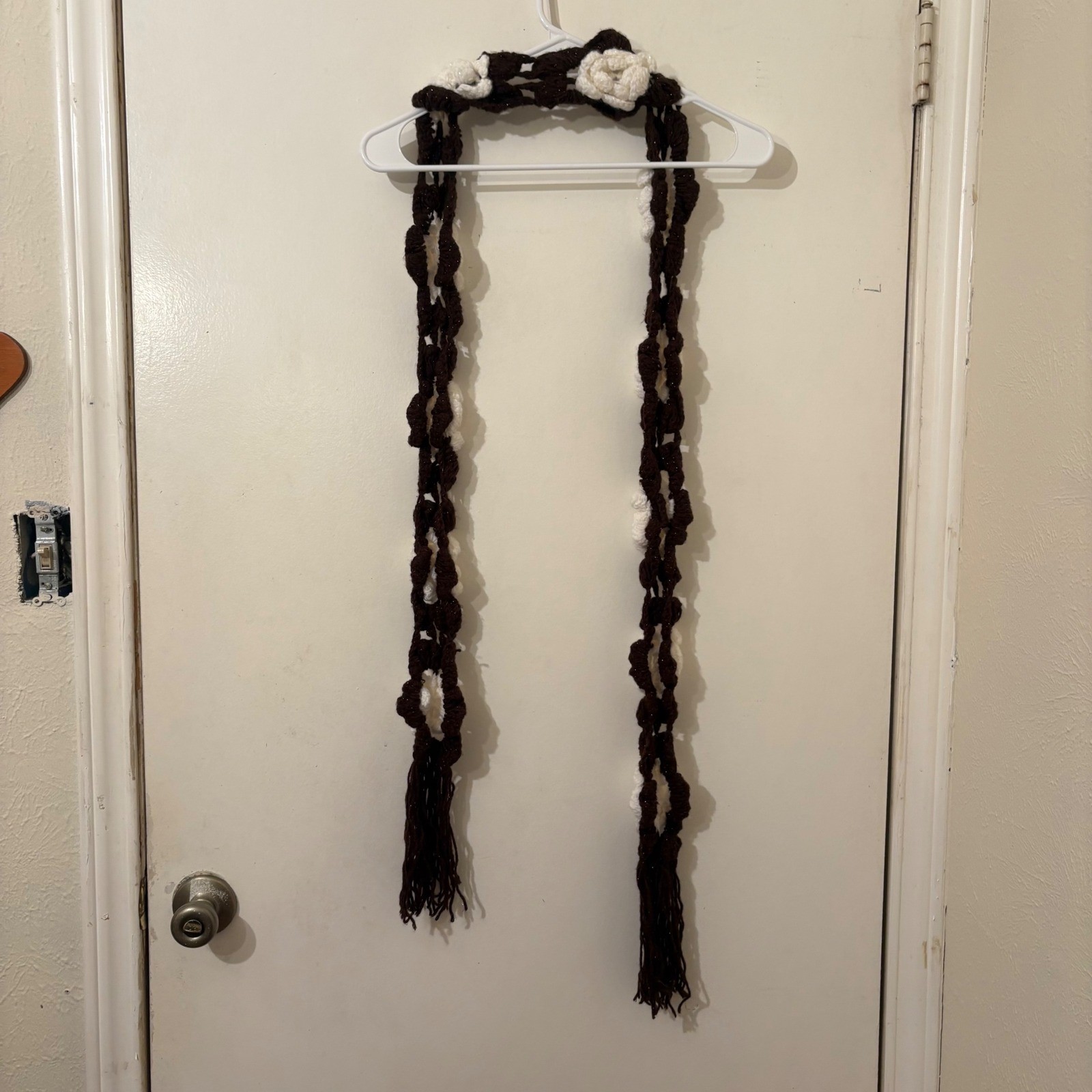 Dark Brown Copper Metallic Extra Long Skinny Scarf White Crochet Flowers Fairy