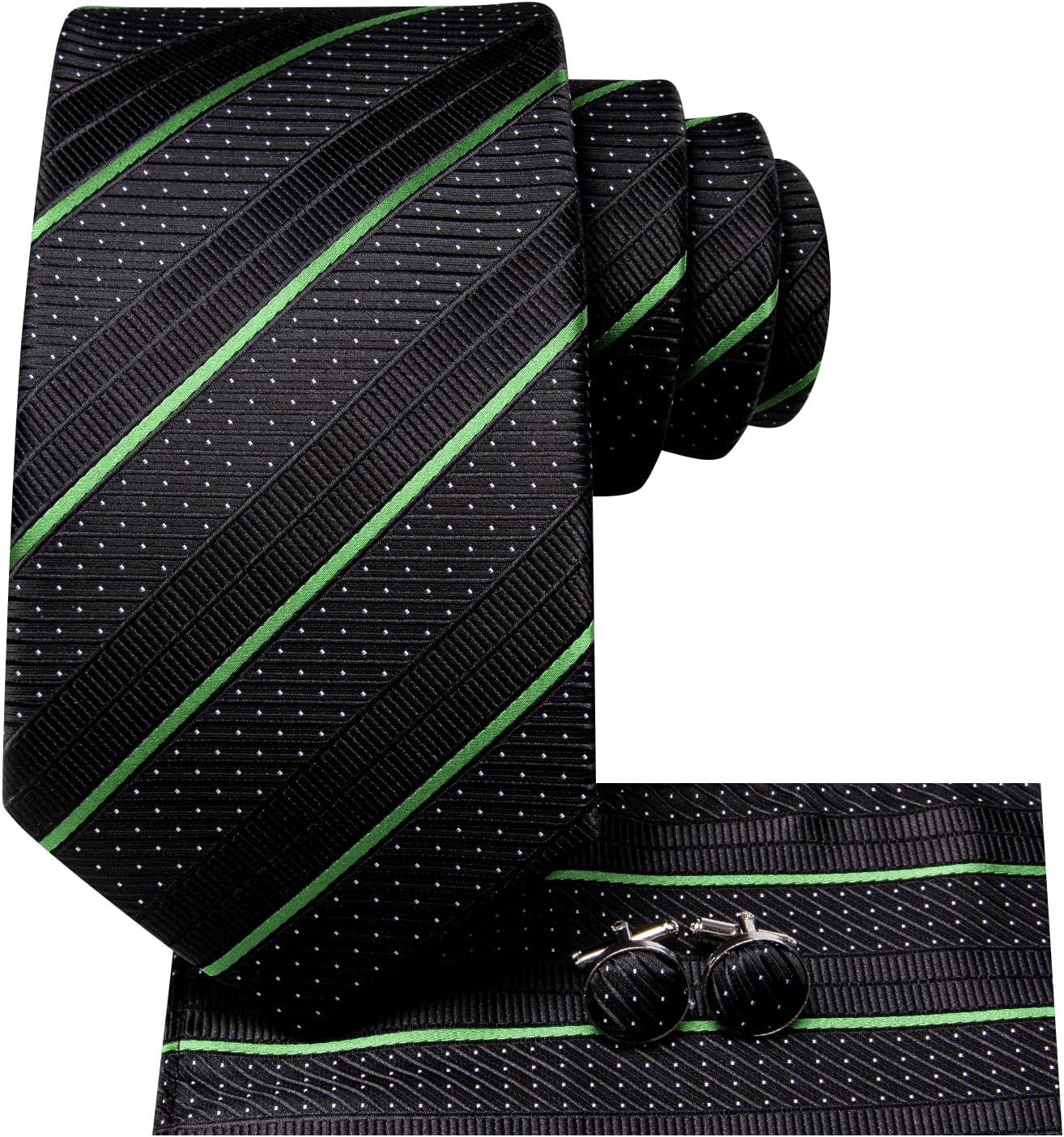 Hi-Tie Silk Ties for Men Plaid Paisley Striped Necktie Pocket Black Green
