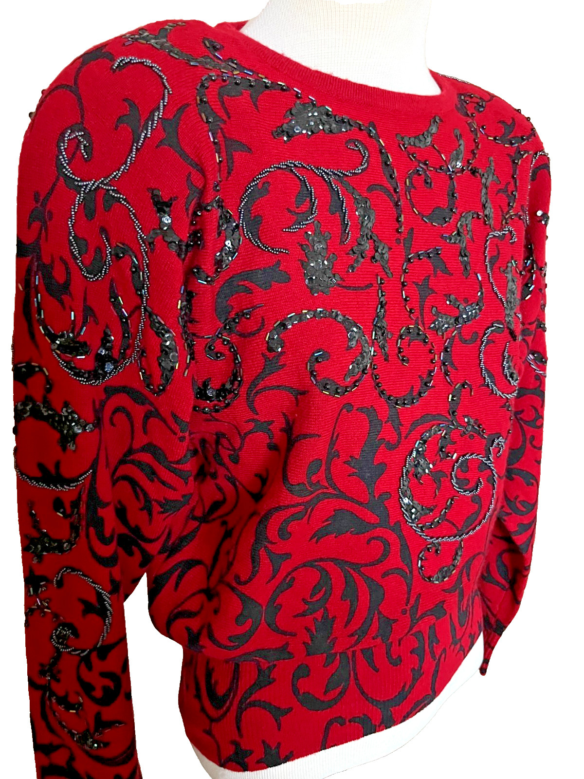 Cache Sweater Top Red Black Sequin Beaded Size Small Angora Wool Holiday Vintage