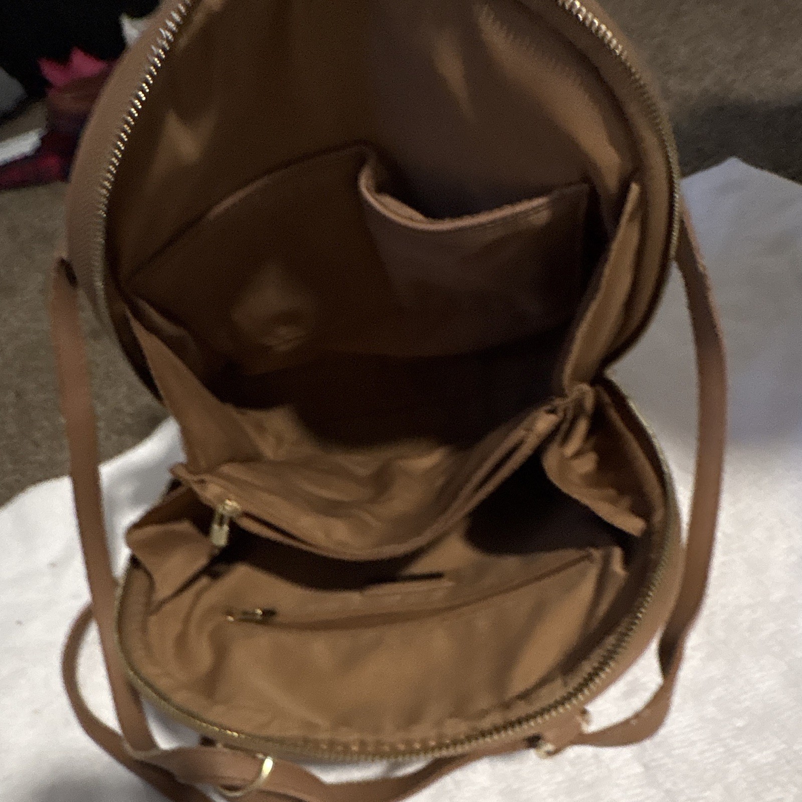 Mistique Brown Satchel Top Handle Bag Zip Closure Inner Pockets Gold Hardware