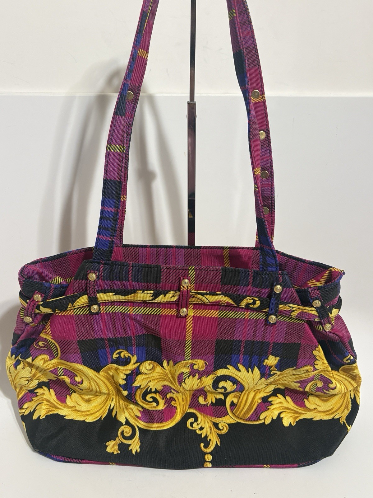 Vtg Gianni Versace Pink Plaid Baroque Shoulder Bag