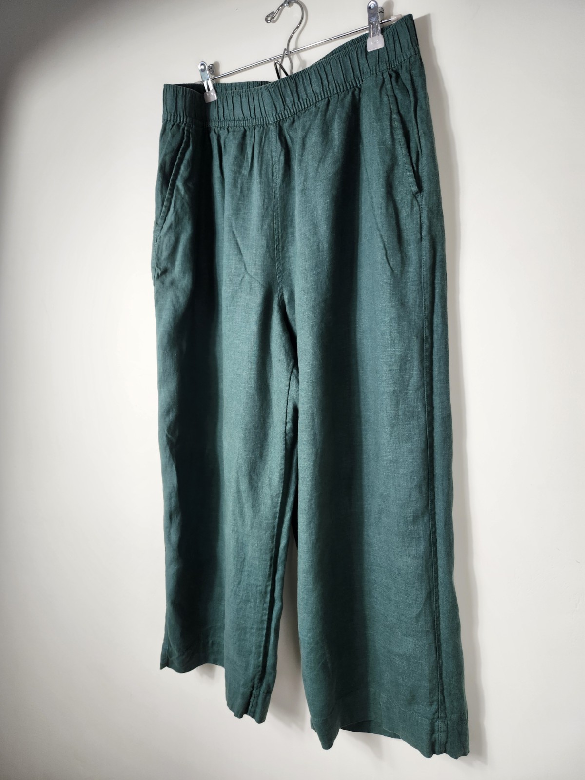Tahari Essentials 100% Linen Green Wide Leg High Rise Crop Pants Size Large