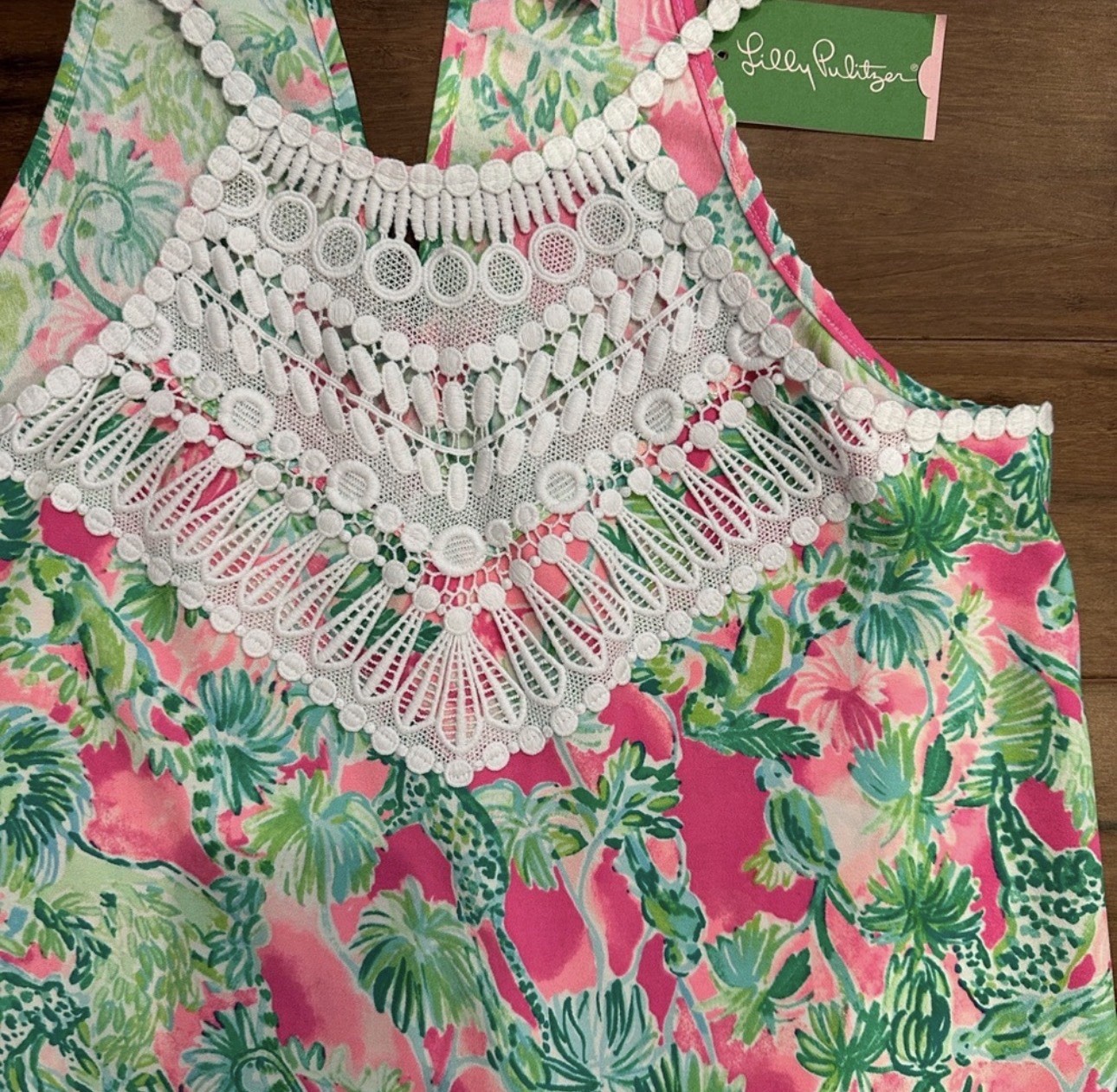 Lilly Pulitzer Shift Dress Size 8 Pink Green White Floral Lace Scoop Neck Zip
