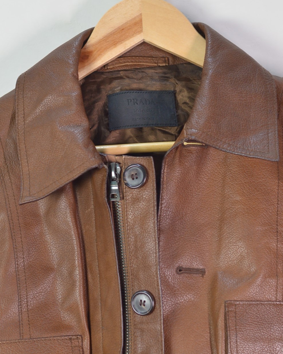 PRADA Vintage Brown Leather Motor Short Jacket Cropped Bomber IT 42 Italy