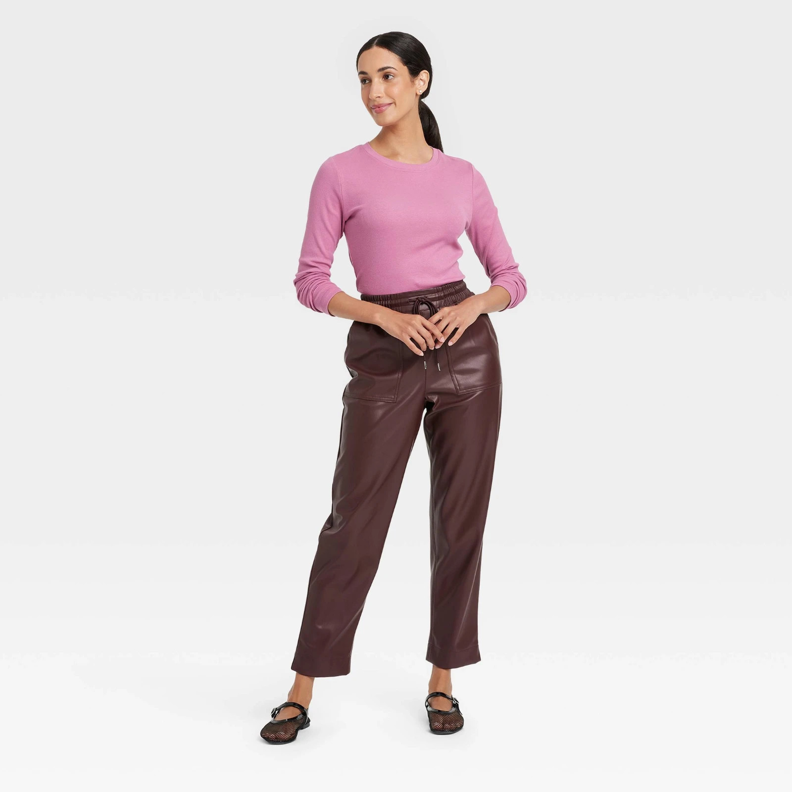Medium – Womens Slim Fit Long Sleeve Ribbed T-Shirt – A New Day – Mauve