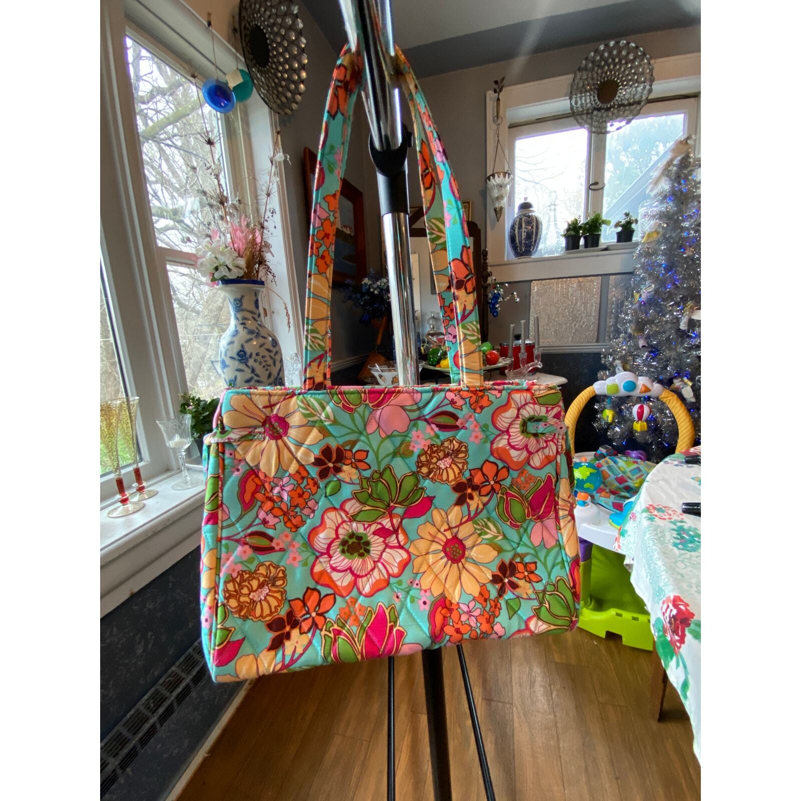 Vera Bradley Handbag Bright Floral Pattern on Turquoise background.12 x 8 1/2 in