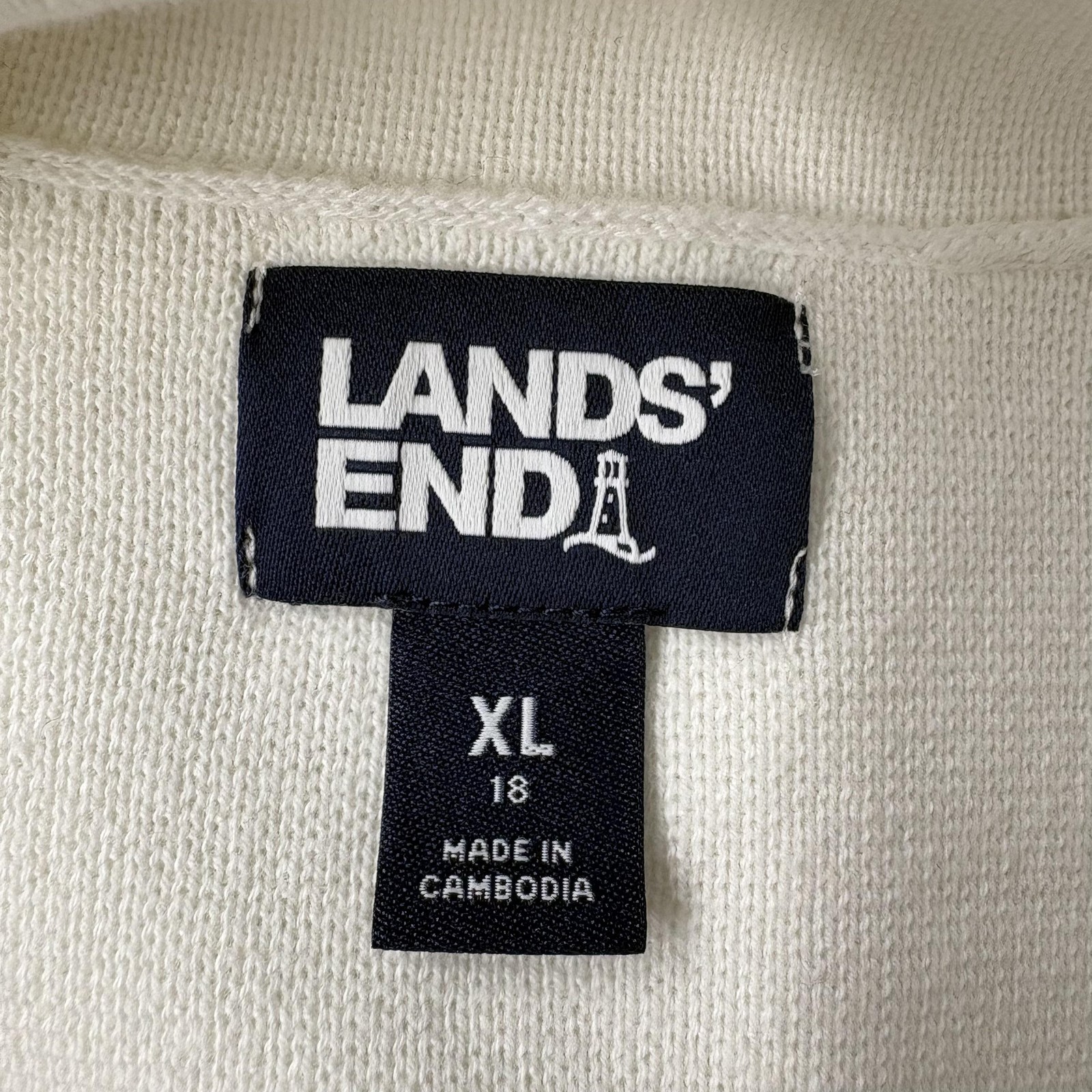 Lands End Cardigan Sweater Womens XL White Collared 100% Cotton Knit Pockets