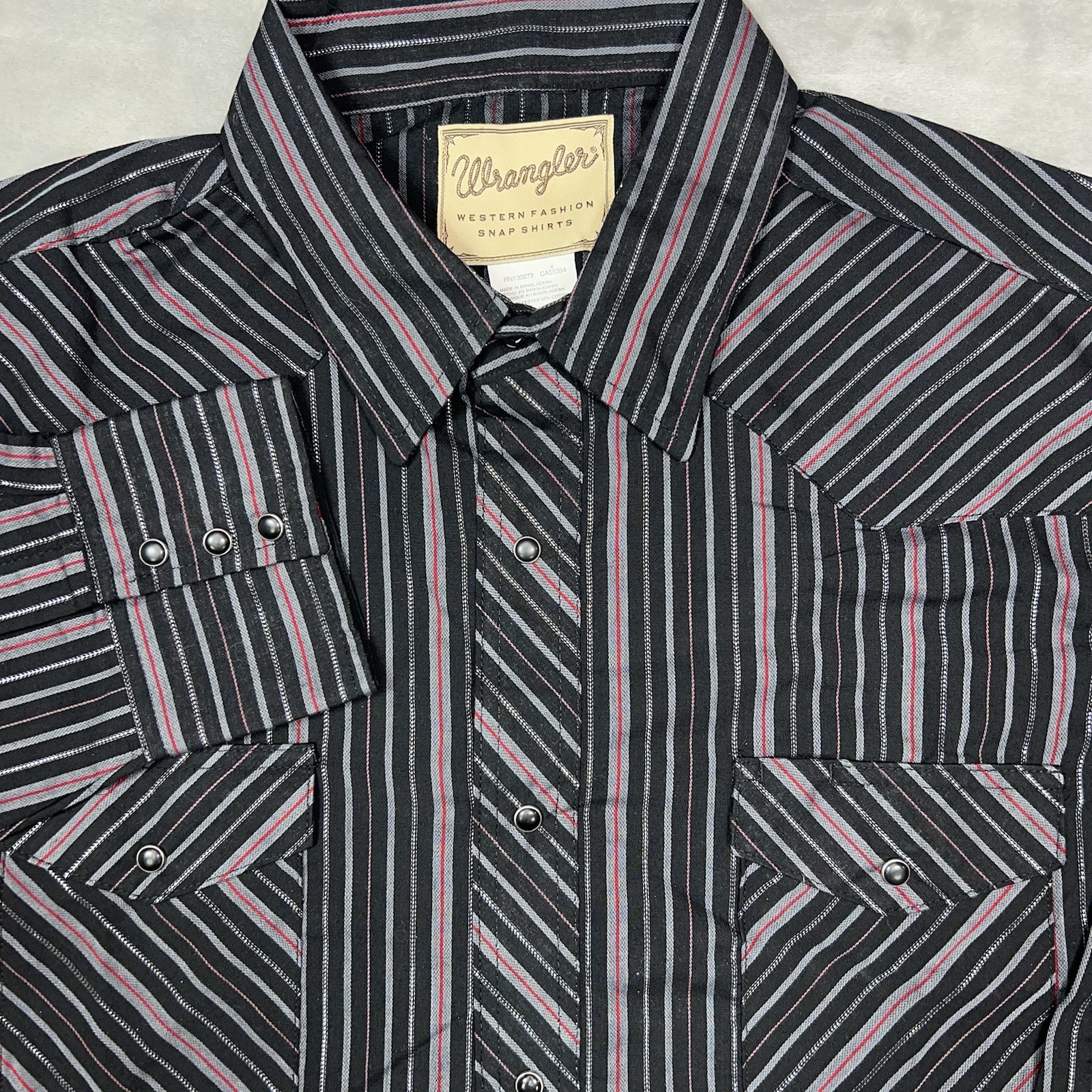 WRANGLER Pearl Snap Shirt Men’s 2XL Black Long Sleeve Western Silver Red Stripes